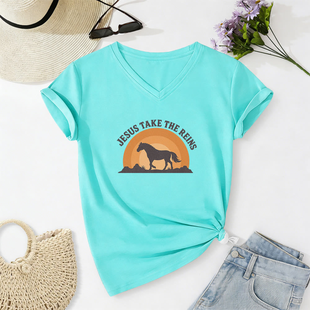 Christianartworkshop T-shirt décontracté à col en V avec imprimé cheval coucher de soleil « Jésus prend les rênes » - Bleu ciel - 2XL - image 10