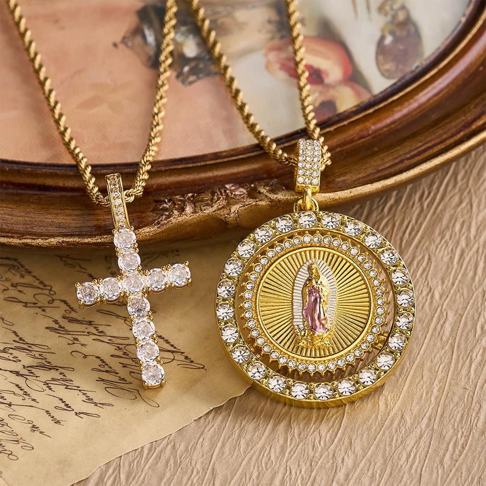 Christianartworkshop médaillon rotatif Notre-Dame de Guadalupe avec double halo de zircon : un rappel de la grâce divine - Notre-Dame et la Croix - image 0