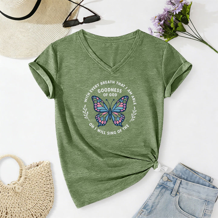 Christianartworkshop T-shirt décontracté à col en V avec imprimé papillon « Chantez la bonté de Dieu » - Vert olive - 2XL - image 6