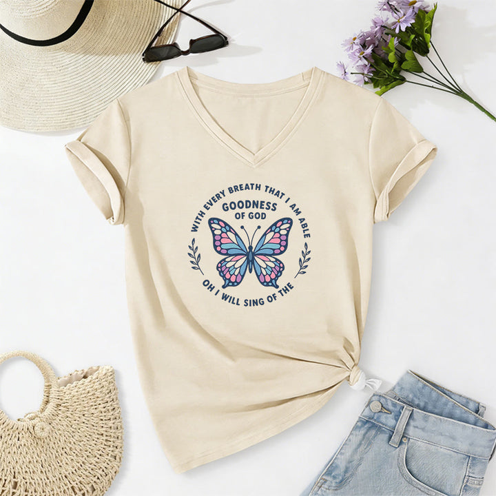 Christianartworkshop T-shirt décontracté à col en V avec imprimé papillon « Chantez la bonté de Dieu » - Beige - 2XL - image 2