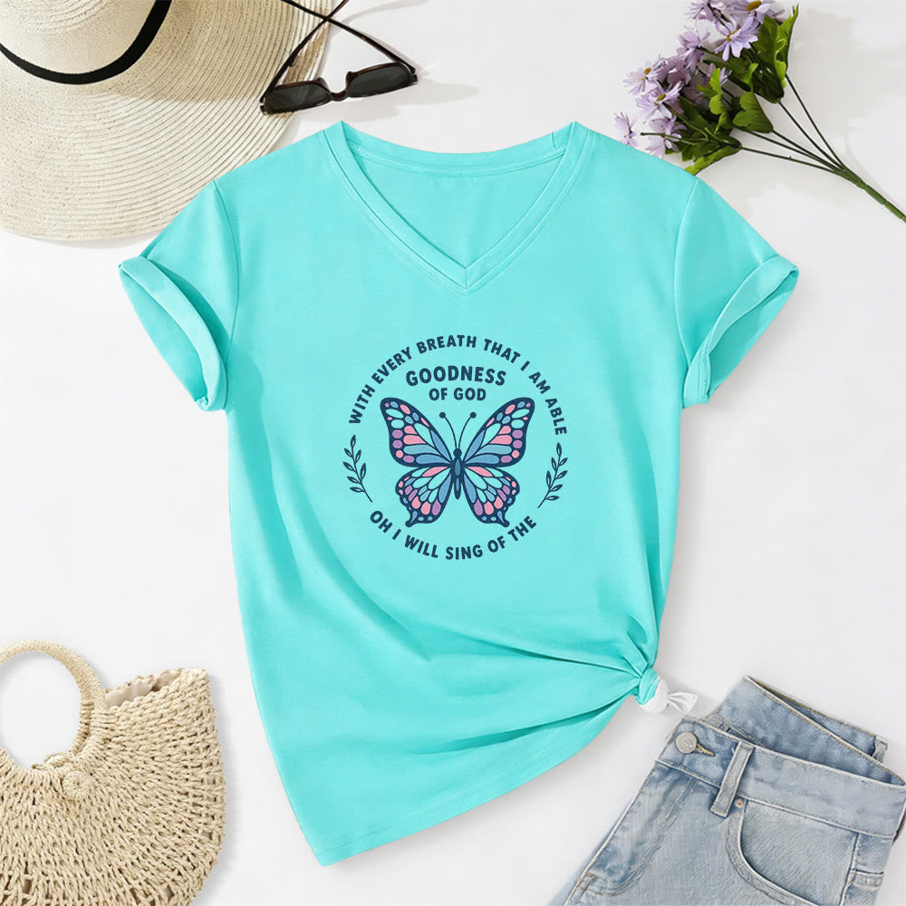 Christianartworkshop T-shirt décontracté à col en V avec imprimé papillon « Chantez la bonté de Dieu » - Bleu ciel - 2XL - image 10