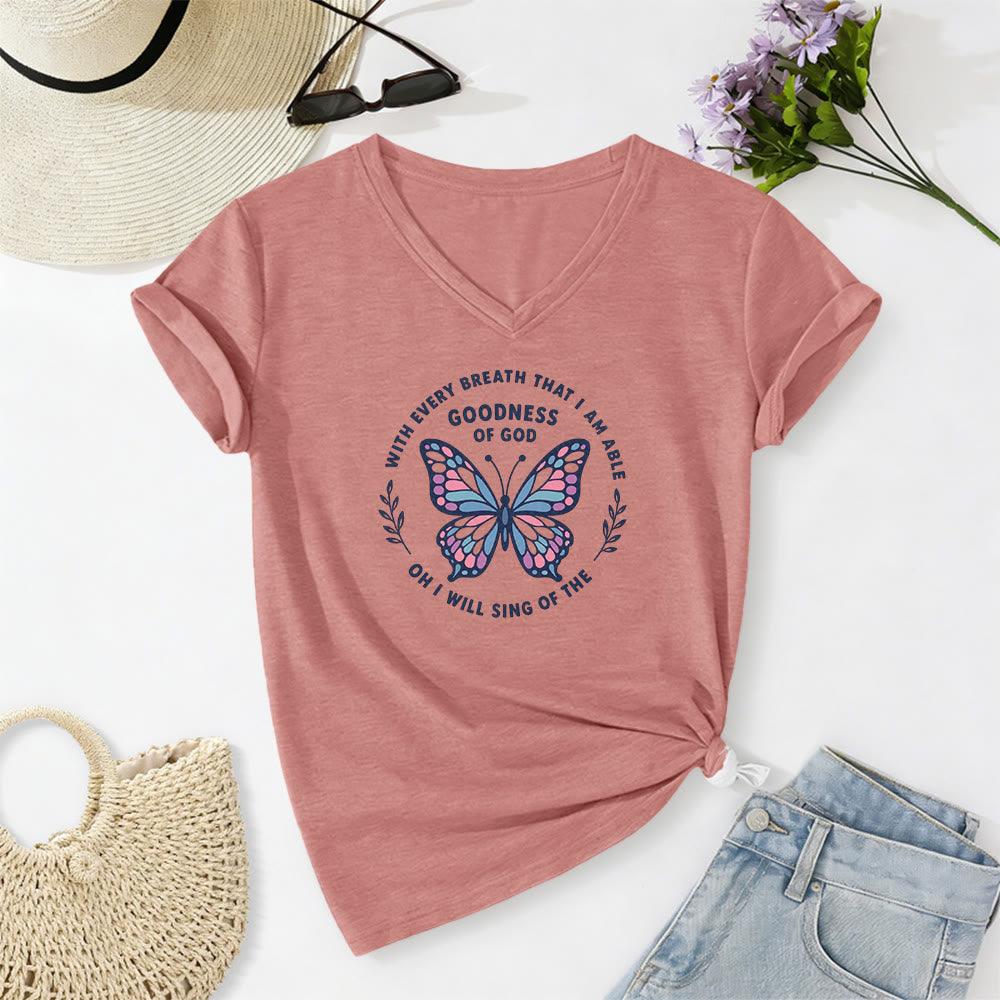 Christianartworkshop T-shirt décontracté à col en V avec imprimé papillon « Chantez la bonté de Dieu » - Rose clair - 2XL - image 12