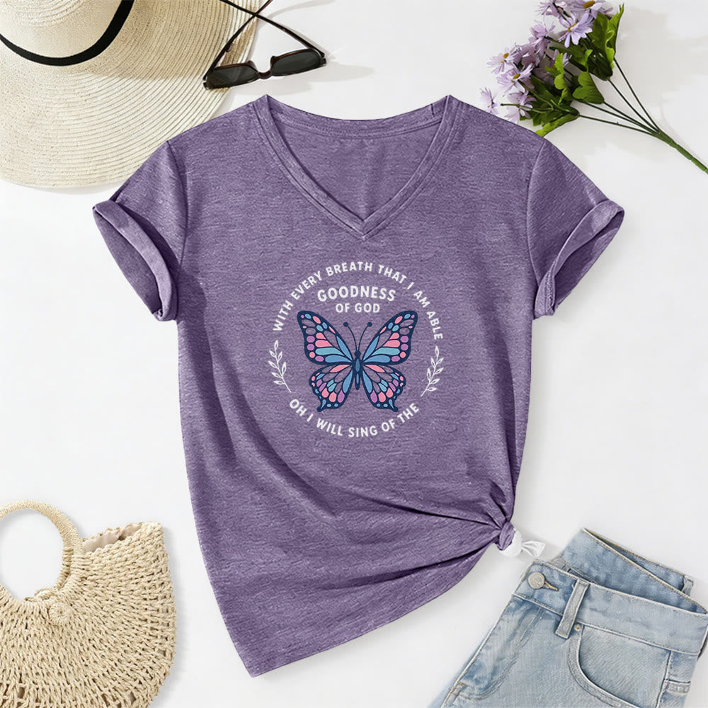 Christianartworkshop T-shirt décontracté à col en V avec imprimé papillon « Chantez la bonté de Dieu » - Violet - 2XL - image 0