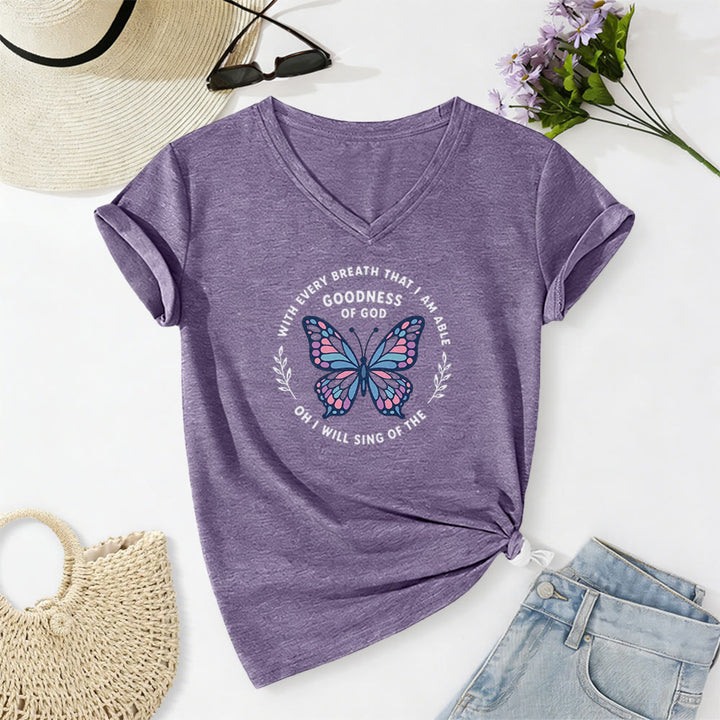 Christianartworkshop T-shirt décontracté à col en V avec imprimé papillon « Chantez la bonté de Dieu » - Violet - 2XL - image 0