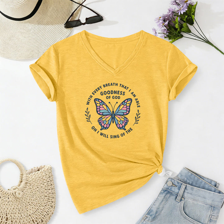 Christianartworkshop T-shirt décontracté à col en V avec imprimé papillon « Chantez la bonté de Dieu » - Jaune - 2XL - image 4