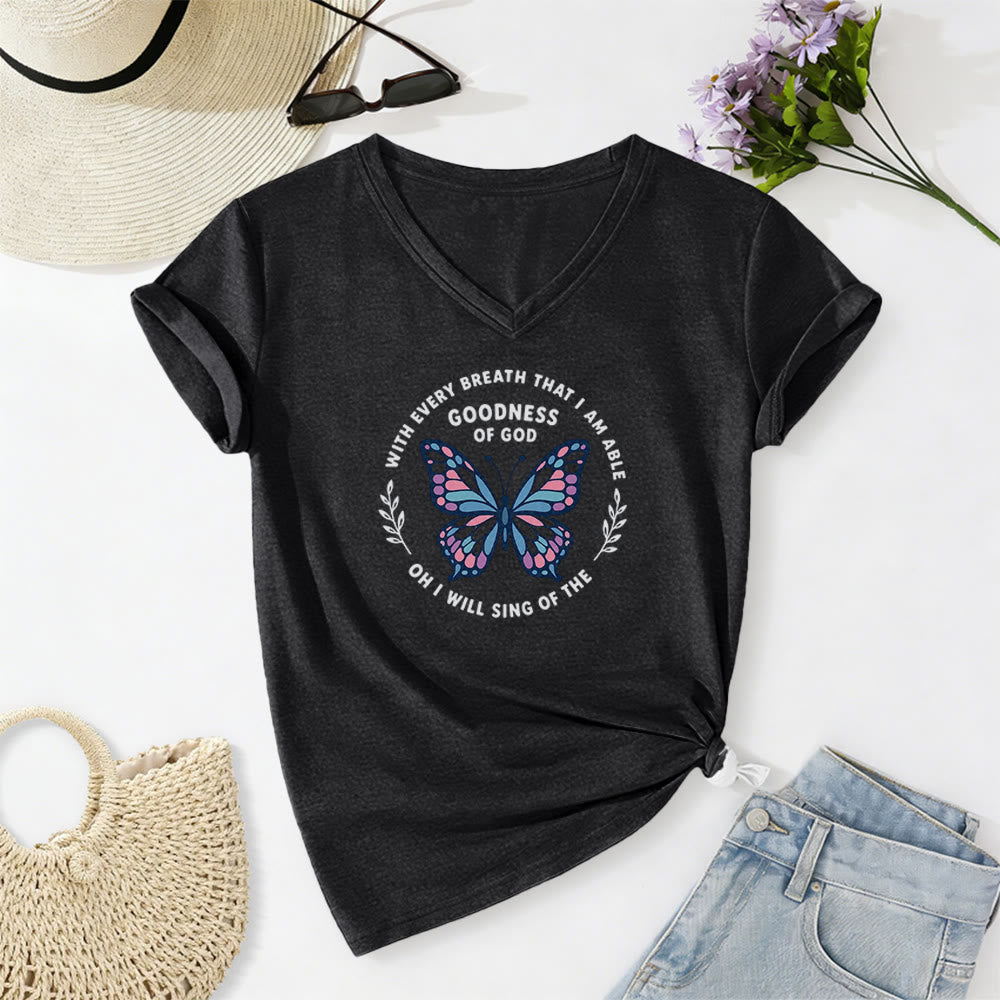 Christianartworkshop T-shirt décontracté à col en V avec imprimé papillon « Chantez la bonté de Dieu » - Noir - 2XL - image 14