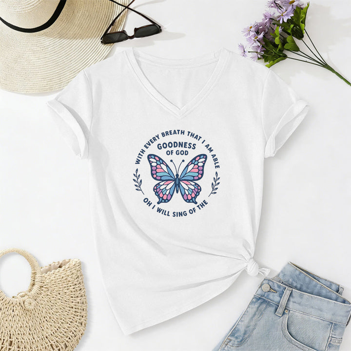 Christianartworkshop T-shirt décontracté à col en V avec imprimé papillon « Chantez la bonté de Dieu » - Blanc - 2XL - image 8