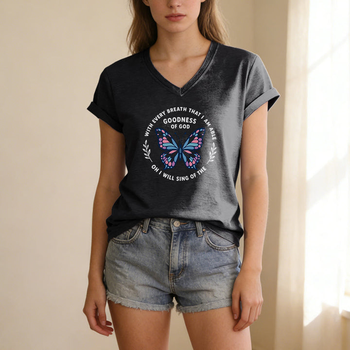 Christianartworkshop T-shirt décontracté à col en V avec imprimé papillon « Chantez la bonté de Dieu » - image 15