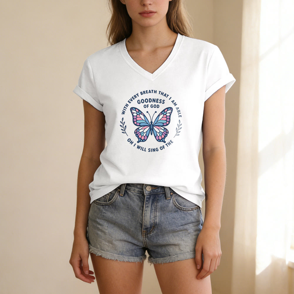 Christianartworkshop T-shirt décontracté à col en V avec imprimé papillon « Chantez la bonté de Dieu » - image 9