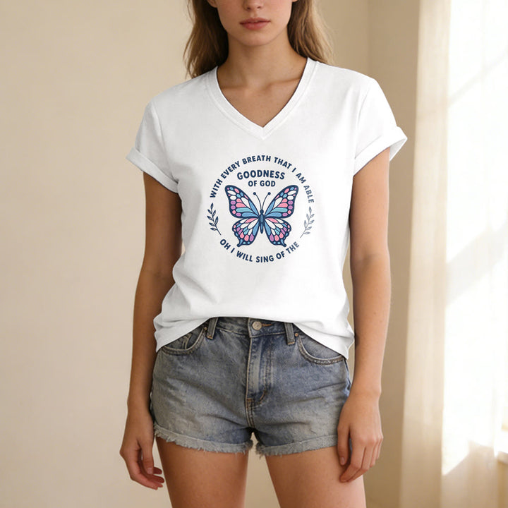 Christianartworkshop T-shirt décontracté à col en V avec imprimé papillon « Chantez la bonté de Dieu » - image 9