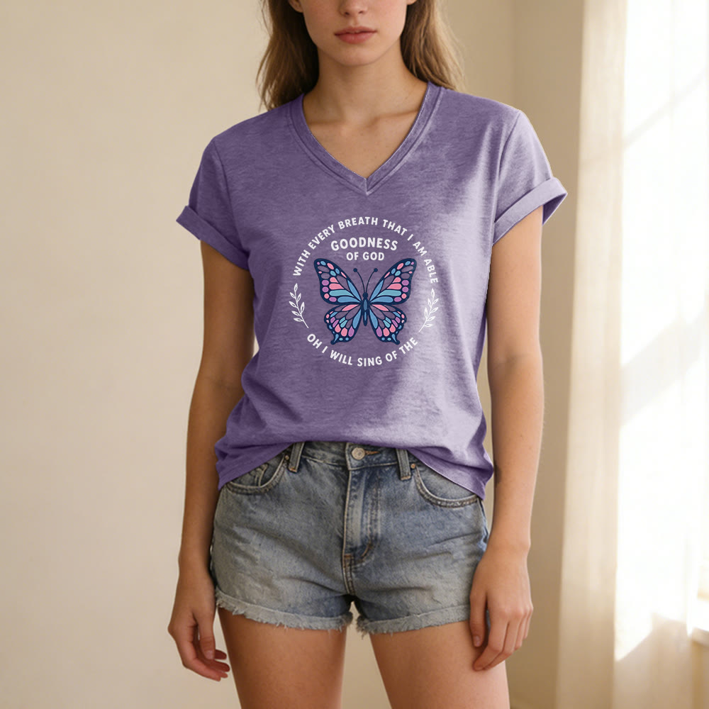 Christianartworkshop T-shirt décontracté à col en V avec imprimé papillon « Chantez la bonté de Dieu » - image 1