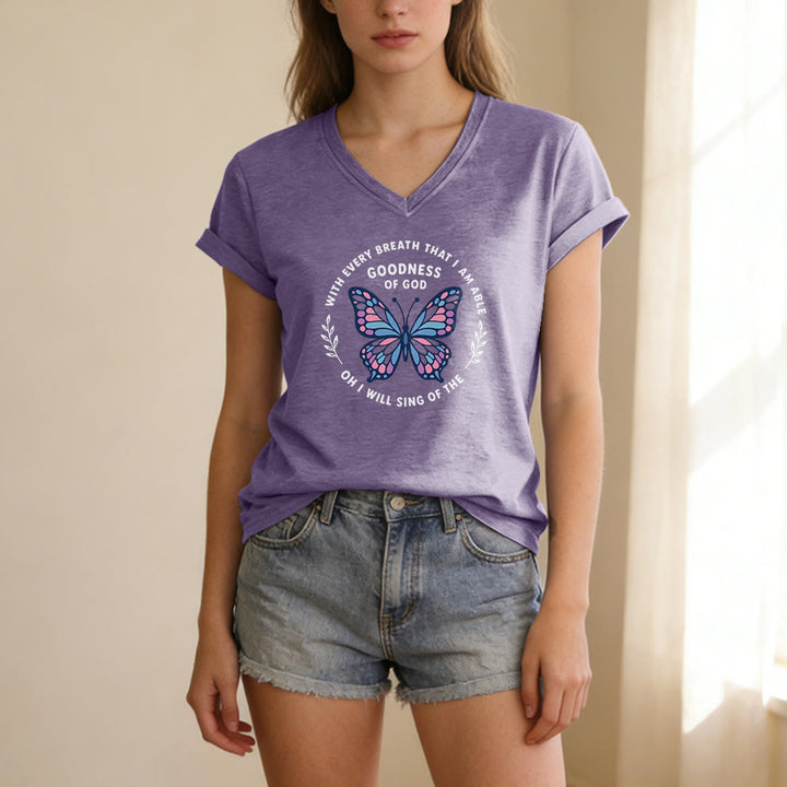 Christianartworkshop T-shirt décontracté à col en V avec imprimé papillon « Chantez la bonté de Dieu » - image 1