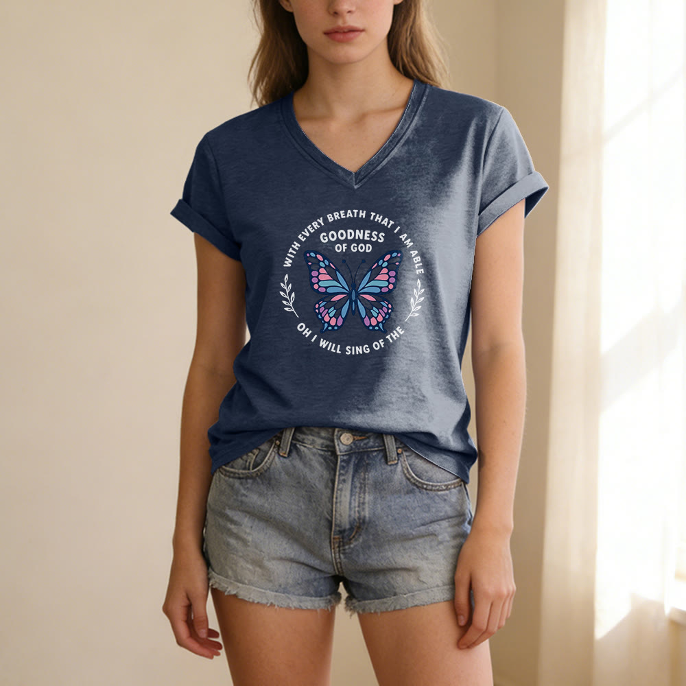 Christianartworkshop T-shirt décontracté à col en V avec imprimé papillon « Chantez la bonté de Dieu » - image 19