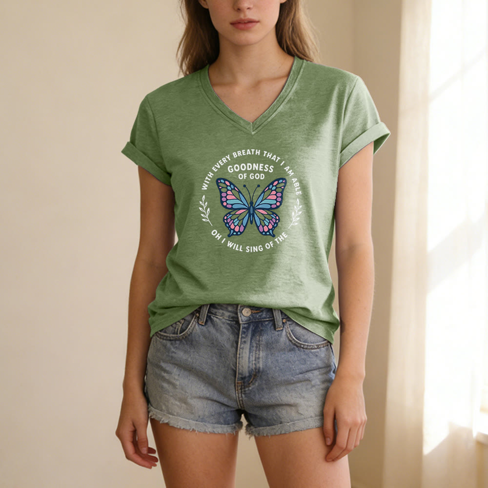 Christianartworkshop T-shirt décontracté à col en V avec imprimé papillon « Chantez la bonté de Dieu » - image 7