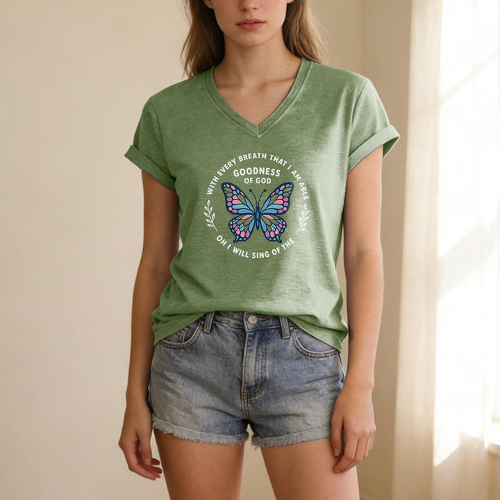 Christianartworkshop T-shirt décontracté à col en V avec imprimé papillon « Chantez la bonté de Dieu » - image 7