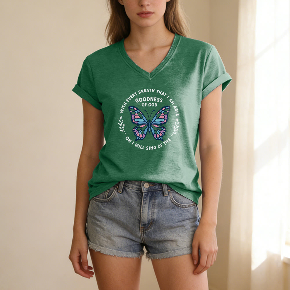 Christianartworkshop T-shirt décontracté à col en V avec imprimé papillon « Chantez la bonté de Dieu » - image 17