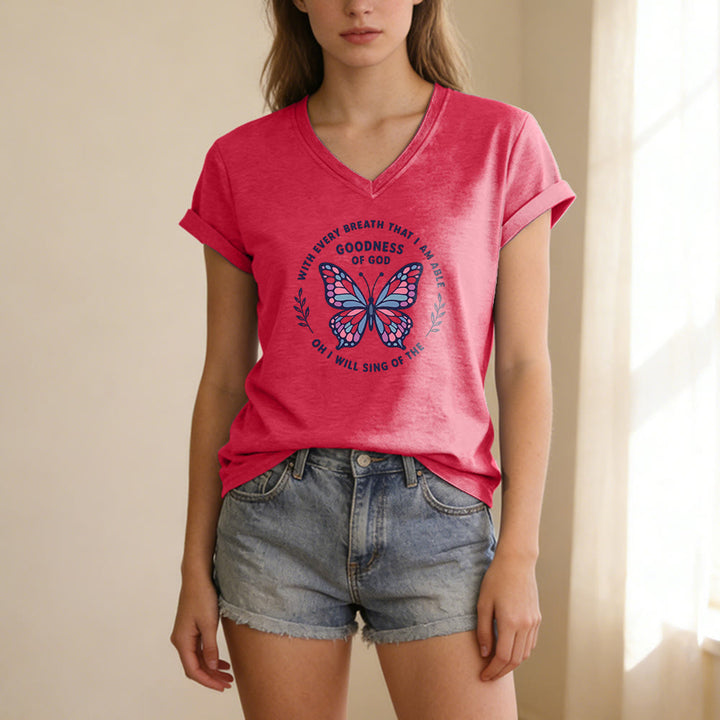 Christianartworkshop T-shirt décontracté à col en V avec imprimé papillon « Chantez la bonté de Dieu » - image 23