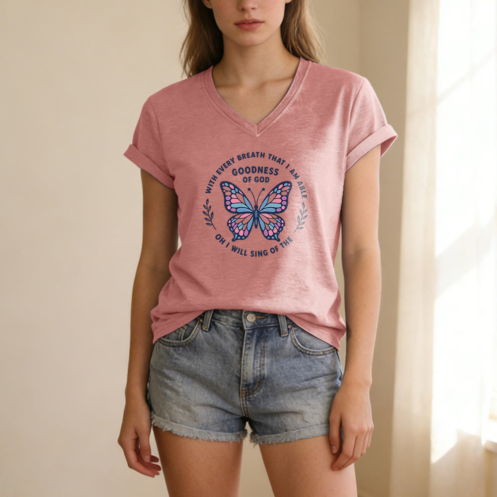 Christianartworkshop T-shirt décontracté à col en V avec imprimé papillon « Chantez la bonté de Dieu » - image 13