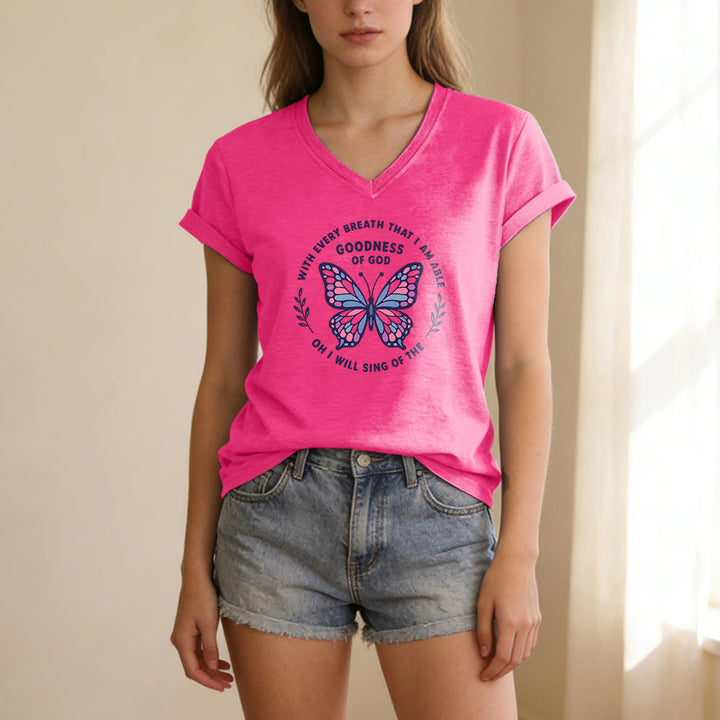 Christianartworkshop T-shirt décontracté à col en V avec imprimé papillon « Chantez la bonté de Dieu » - image 25
