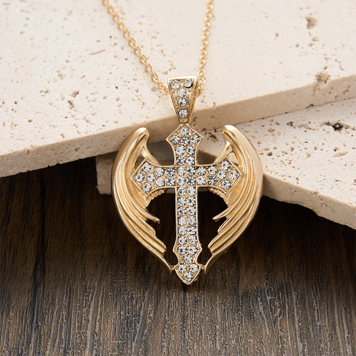 Christianartworkshop Collier pendentif croix ailes d'ange dorées orné de pierres de zircon : symbole de protection divine - image 3