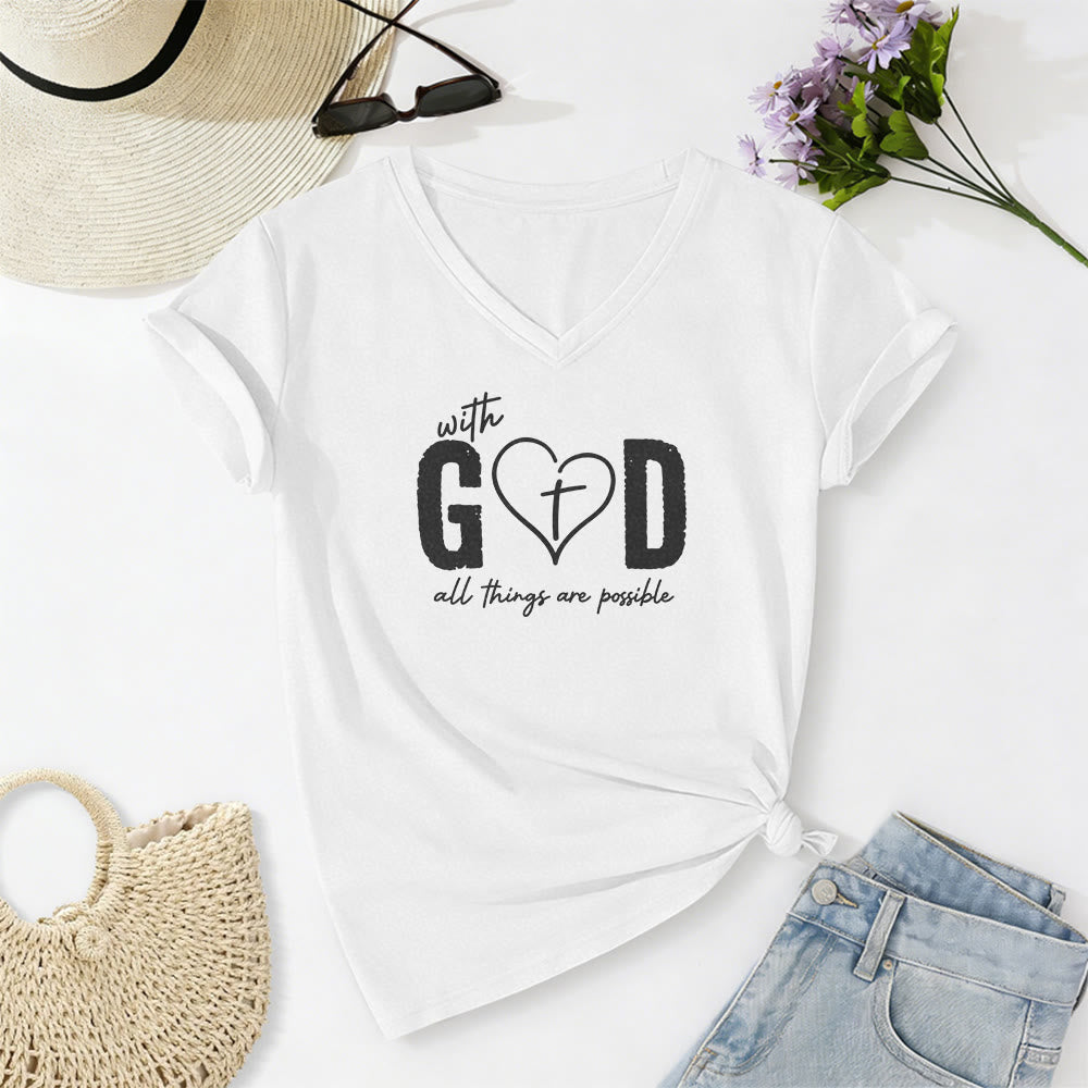Christianartworkshop Avec Dieu, tout est possible. T-shirt décontracté à col en V avec imprimé cœur et croix. - Blanc - 2XL - image 6