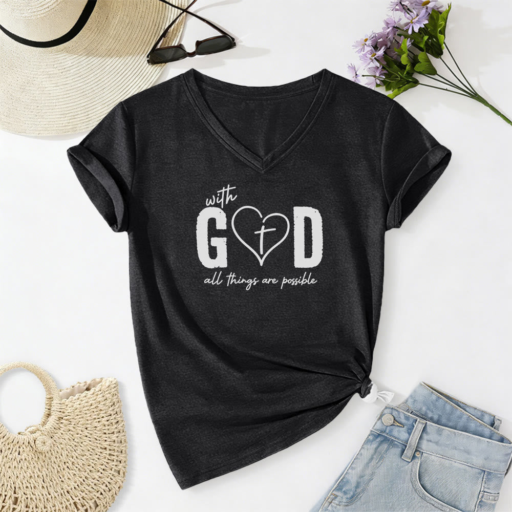 Christianartworkshop Avec Dieu, tout est possible. T-shirt décontracté à col en V avec imprimé cœur et croix. - Noir - 2XL - image 12