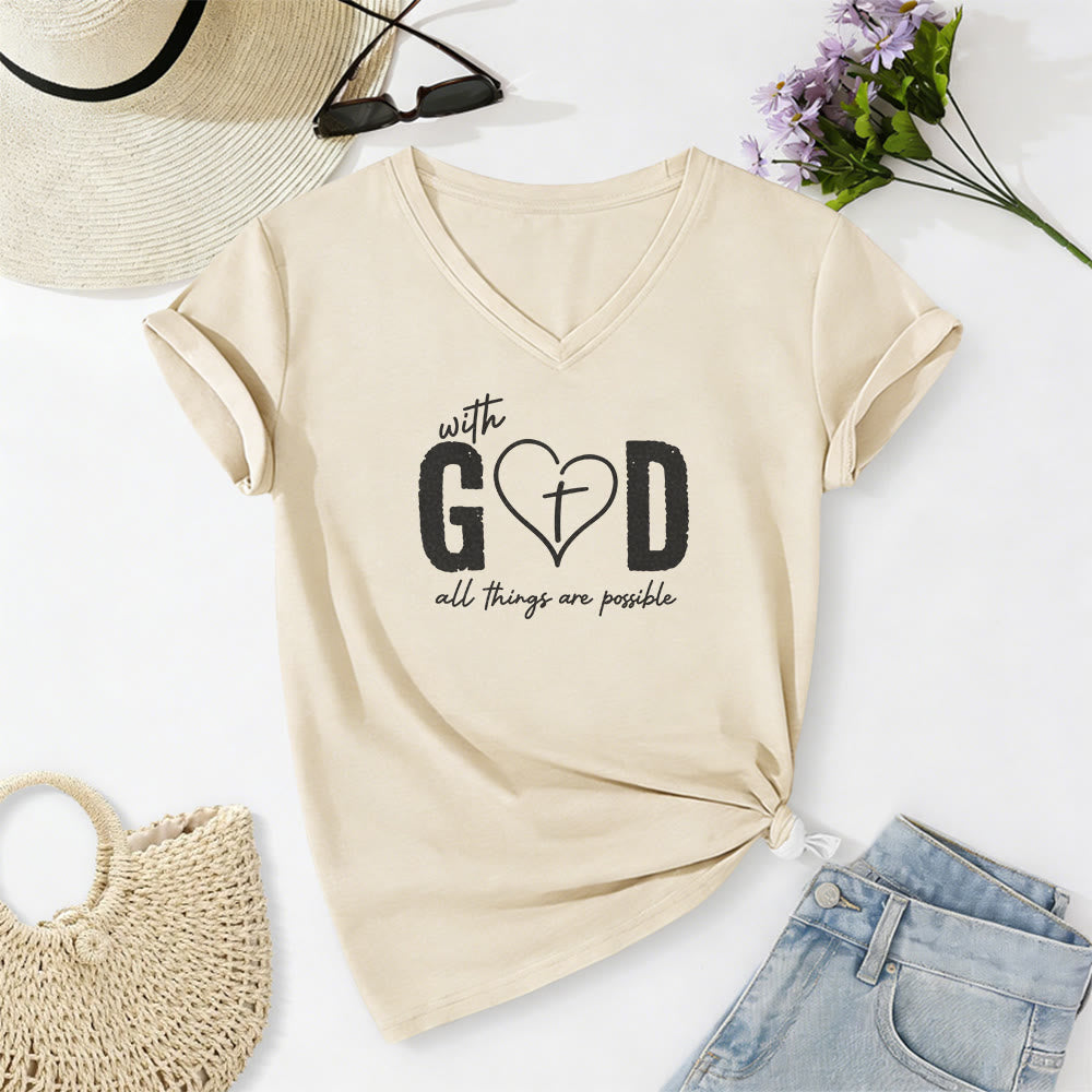 Christianartworkshop Avec Dieu, tout est possible. T-shirt décontracté à col en V avec imprimé cœur et croix. - Beige - 2XL - image 0