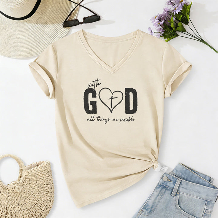 Christianartworkshop Avec Dieu, tout est possible. T-shirt décontracté à col en V avec imprimé cœur et croix. - Beige - 2XL - image 0