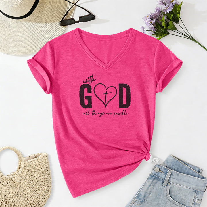 Christianartworkshop Avec Dieu, tout est possible. T-shirt décontracté à col en V avec imprimé cœur et croix. - Rose - 2XL - image 24