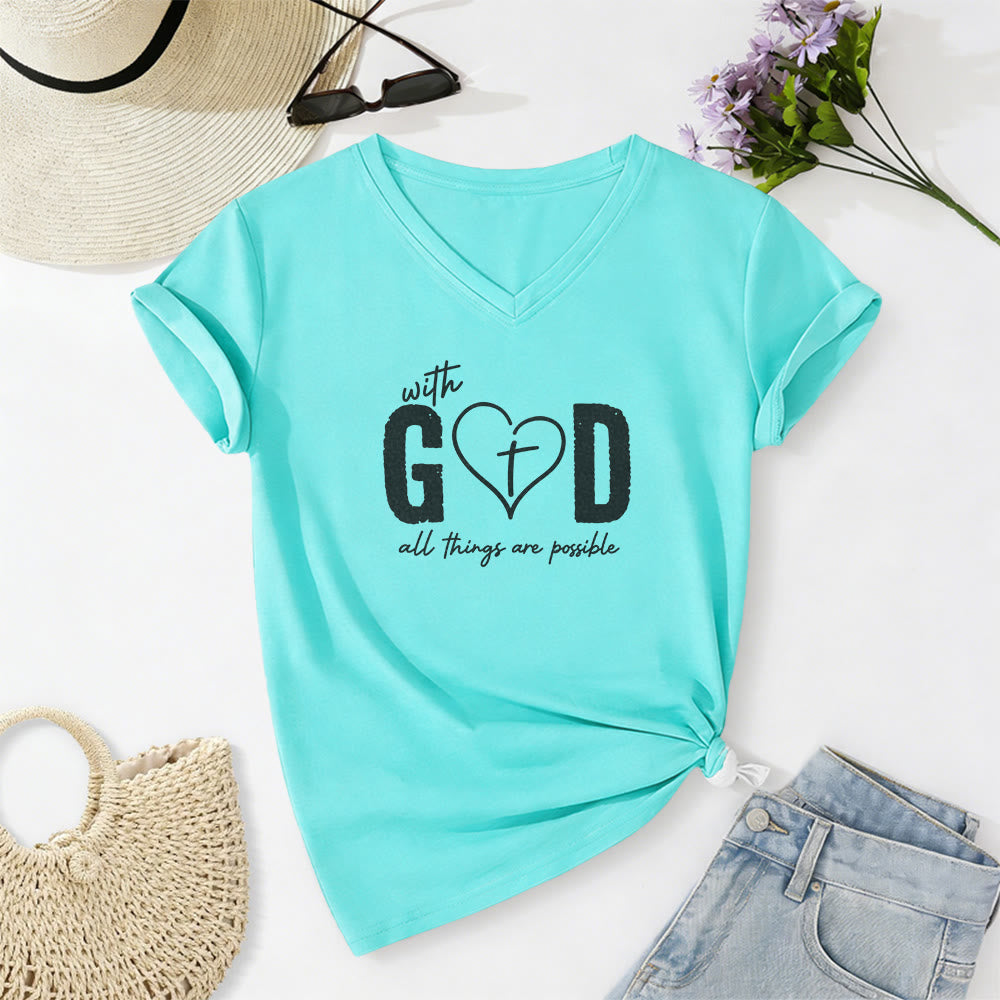 Christianartworkshop Avec Dieu, tout est possible. T-shirt décontracté à col en V avec imprimé cœur et croix. - Bleu ciel - 2XL - image 8