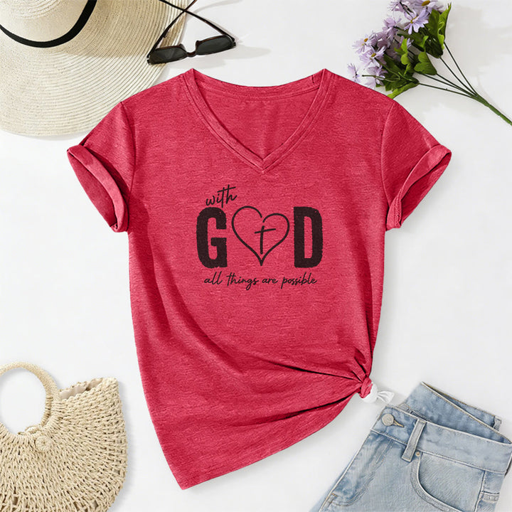Christianartworkshop Avec Dieu, tout est possible. T-shirt décontracté à col en V avec imprimé cœur et croix. - Rouge - 2XL - image 22