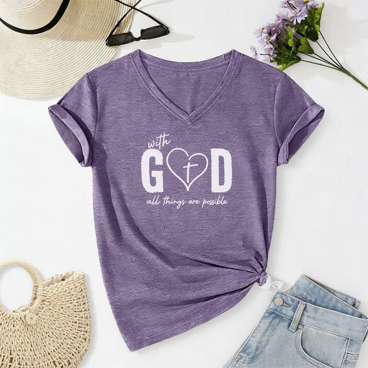 Christianartworkshop Avec Dieu, tout est possible. T-shirt décontracté à col en V avec imprimé cœur et croix. - Violet - 2XL - image 16