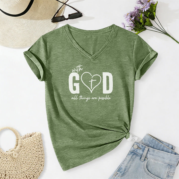 Christianartworkshop Avec Dieu, tout est possible. T-shirt décontracté à col en V avec imprimé cœur et croix. - Vert olive - 2XL - image 4