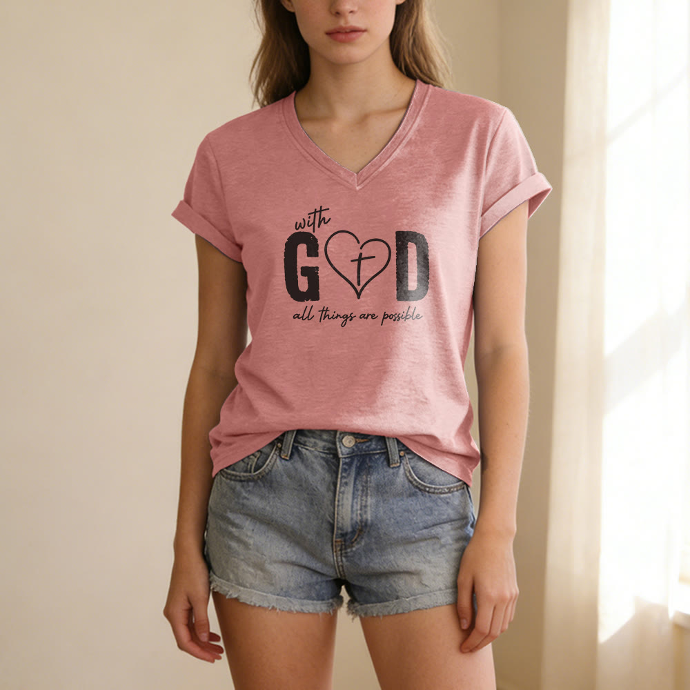 Christianartworkshop Avec Dieu, tout est possible. T-shirt décontracté à col en V avec imprimé cœur et croix. - image 11