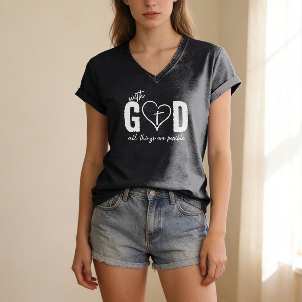 Christianartworkshop Avec Dieu, tout est possible. T-shirt décontracté à col en V avec imprimé cœur et croix. - image 13