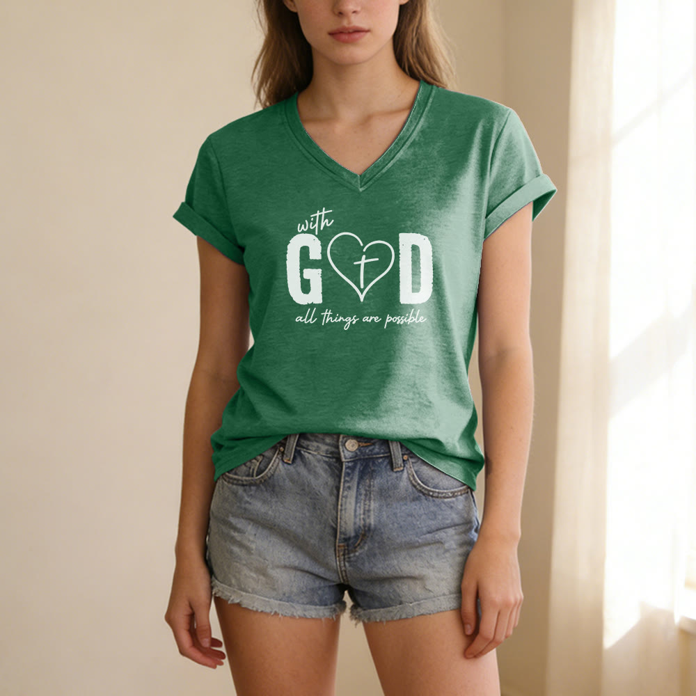 Christianartworkshop Avec Dieu, tout est possible. T-shirt décontracté à col en V avec imprimé cœur et croix. - image 15