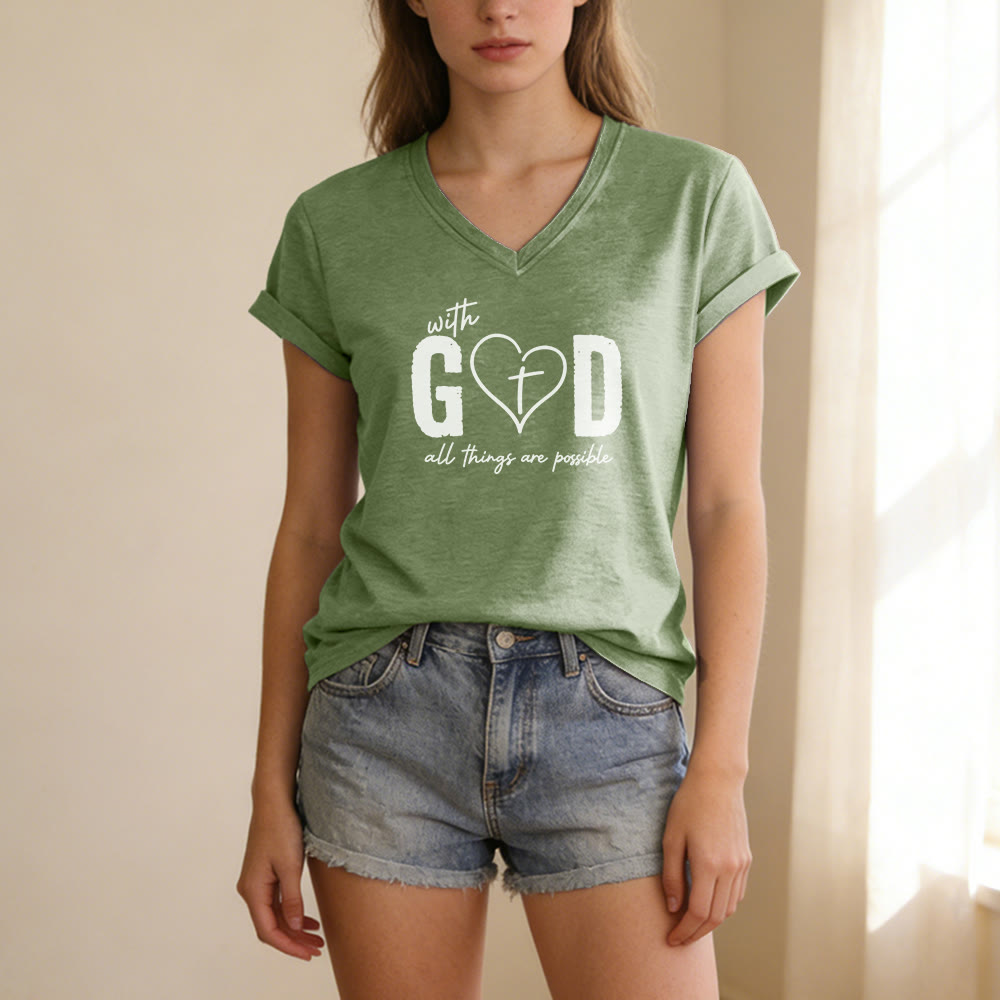 Christianartworkshop Avec Dieu, tout est possible. T-shirt décontracté à col en V avec imprimé cœur et croix. - image 5