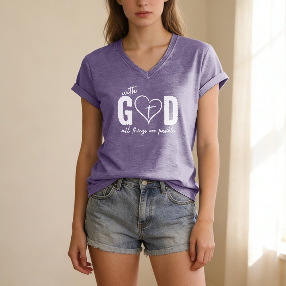 Christianartworkshop Avec Dieu, tout est possible. T-shirt décontracté à col en V avec imprimé cœur et croix. - image 17