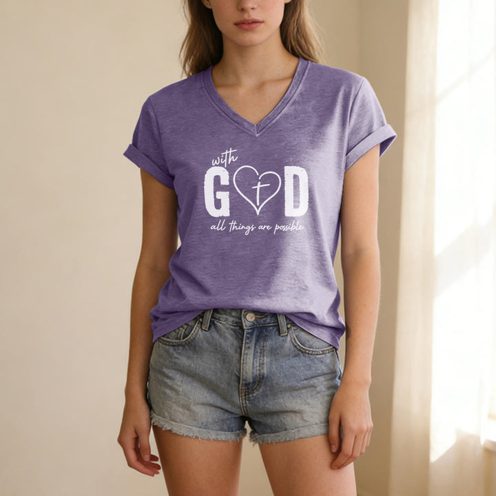 Christianartworkshop Avec Dieu, tout est possible. T-shirt décontracté à col en V avec imprimé cœur et croix. - image 17