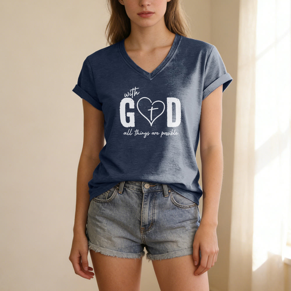 Christianartworkshop Avec Dieu, tout est possible. T-shirt décontracté à col en V avec imprimé cœur et croix. - image 19