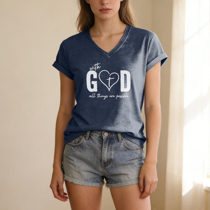 Christianartworkshop Avec Dieu, tout est possible. T-shirt décontracté à col en V avec imprimé cœur et croix. - image 19