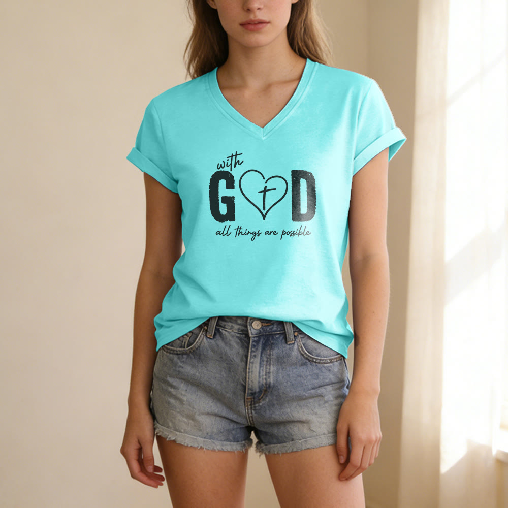 Christianartworkshop Avec Dieu, tout est possible. T-shirt décontracté à col en V avec imprimé cœur et croix. - image 9