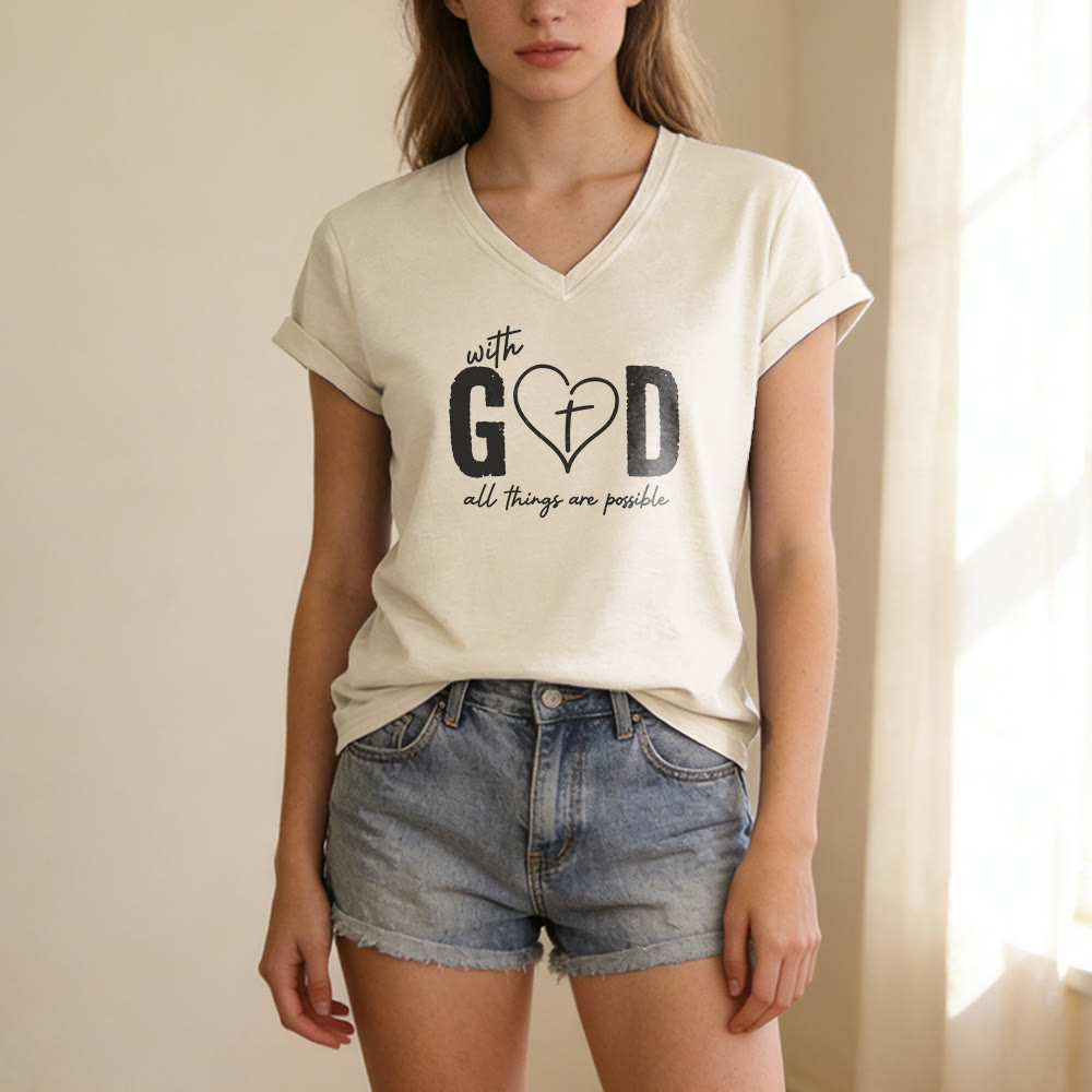 Christianartworkshop Avec Dieu, tout est possible. T-shirt décontracté à col en V avec imprimé cœur et croix. - image 1