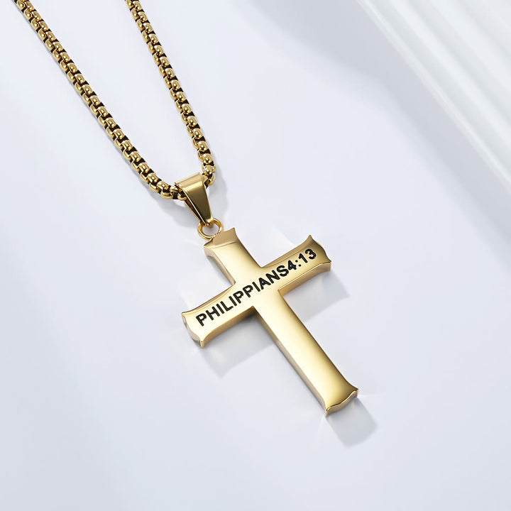 Christianartworkshop Collier pendentif croix en acier inoxydable avec citation de Philippiens 4:13 : Un rappel du réconfort divin - Doré - image 3