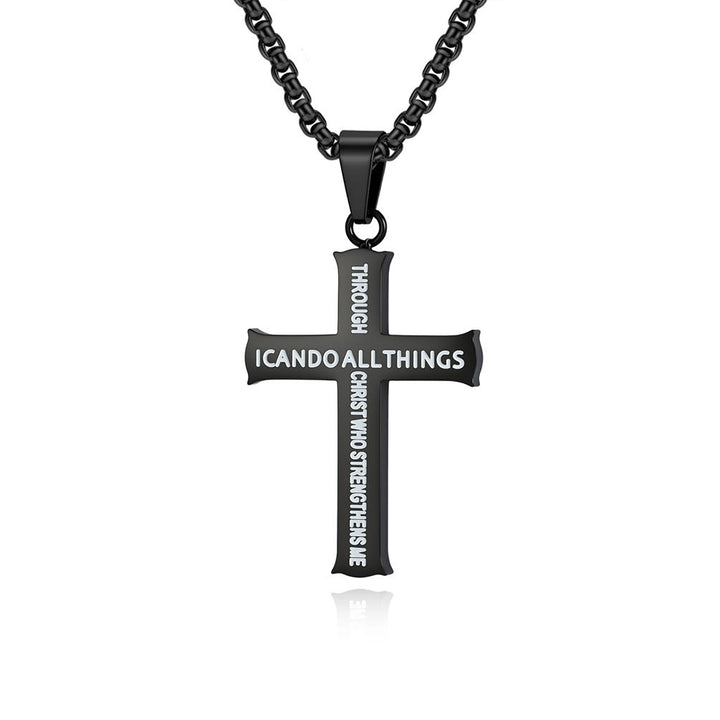 Christianartworkshop Collier pendentif croix en acier inoxydable avec citation de Philippiens 4:13 : Un rappel du réconfort divin - Noir - image 4