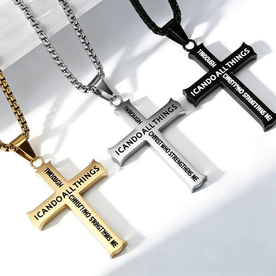 Christianartworkshop Collier pendentif croix en acier inoxydable avec citation de Philippiens 4:13 : Un rappel du réconfort divin - image 0