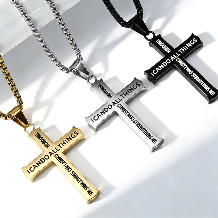 Christianartworkshop Collier pendentif croix en acier inoxydable avec citation de Philippiens 4:13 : Un rappel du réconfort divin - image 0