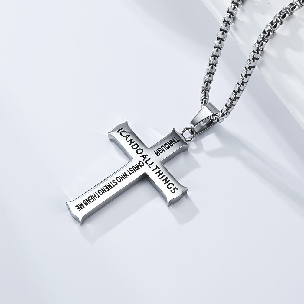 Christianartworkshop Collier pendentif croix en acier inoxydable avec citation de Philippiens 4:13 : Un rappel du réconfort divin - Argent - image 2