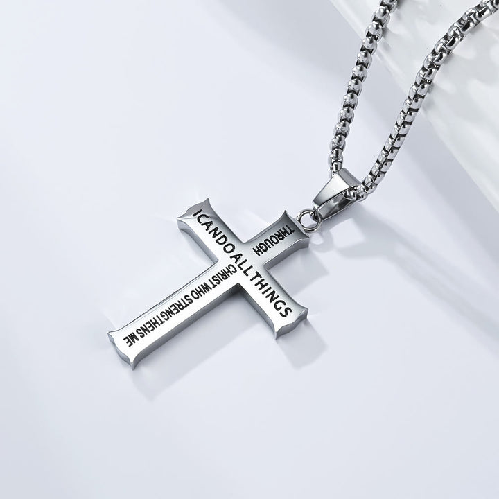 Christianartworkshop Collier pendentif croix en acier inoxydable avec citation de Philippiens 4:13 : Un rappel du réconfort divin - Argent - image 2