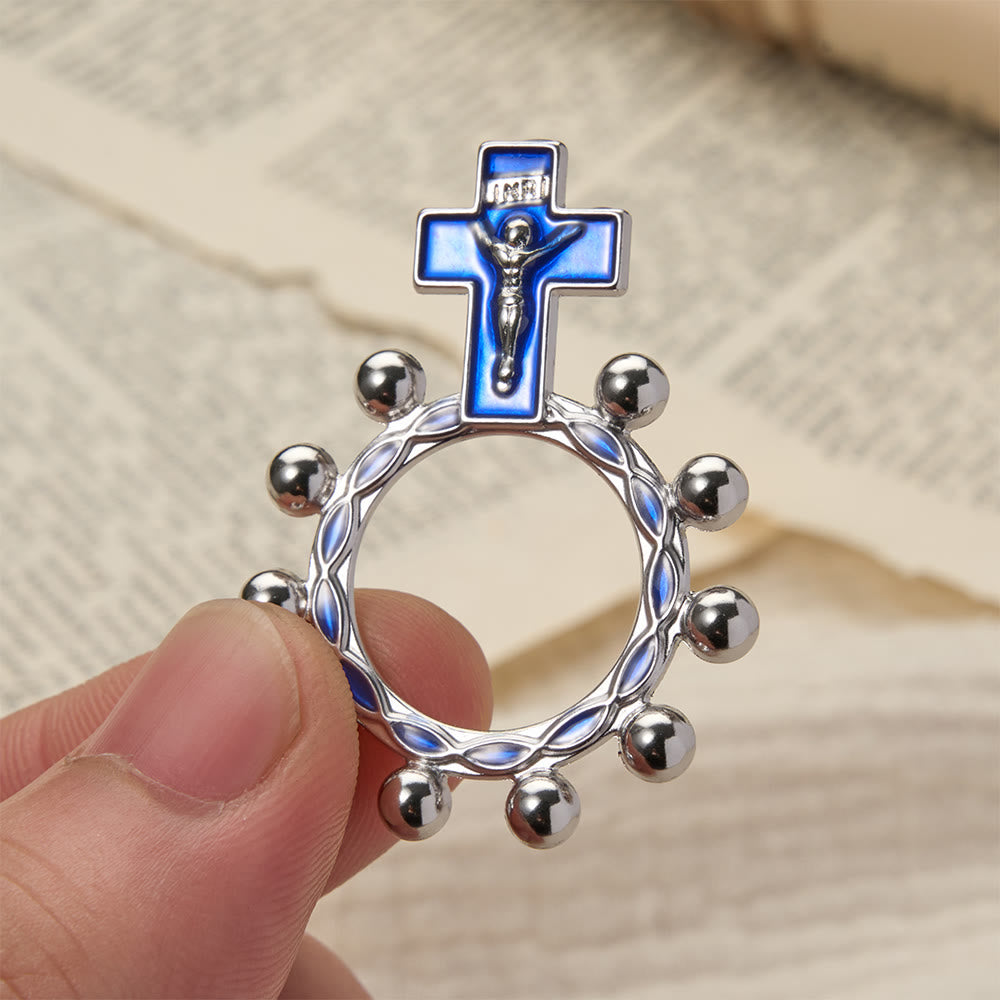 Christianartworkshop Bague chapelet crucifix avec émail bleu et perles (lot de 5/10) : un symbole de rédemption - Argent et bleu - Lot de 10 pièces - image 6